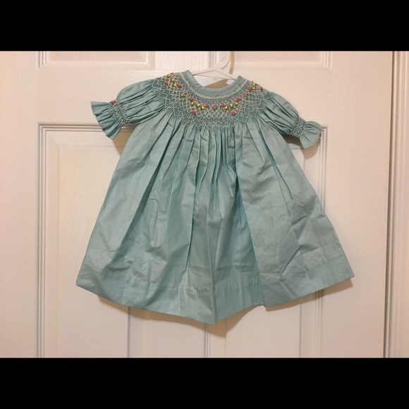 Dusty Blue Smocked Bishop Dress 100% Cotton, New - Picture 6 of 8